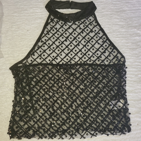 Sequin Beaded Mesh Halter Top M Color: Black - Picture 2 of 3